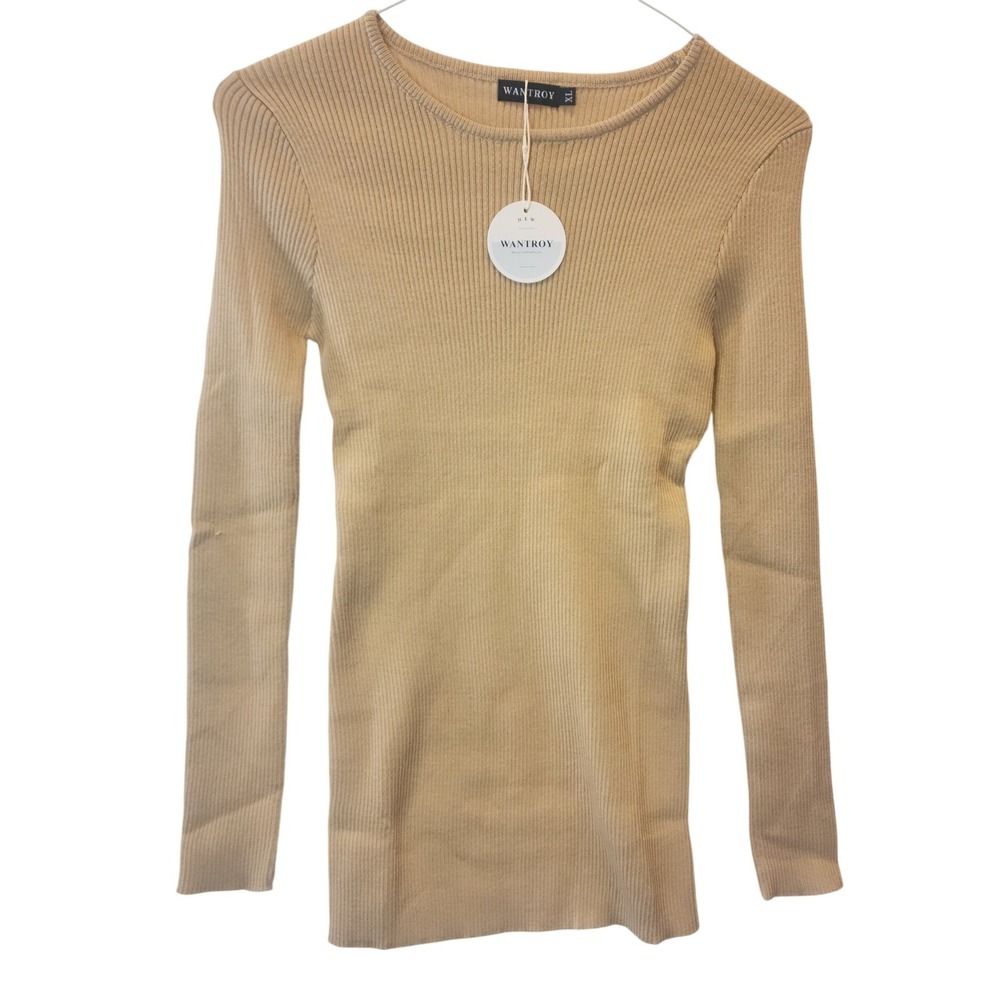 WANTROY Ribbed Knit Long‎ Sleeve Crew Neck Top Womens XL Beige Polyester Viscose